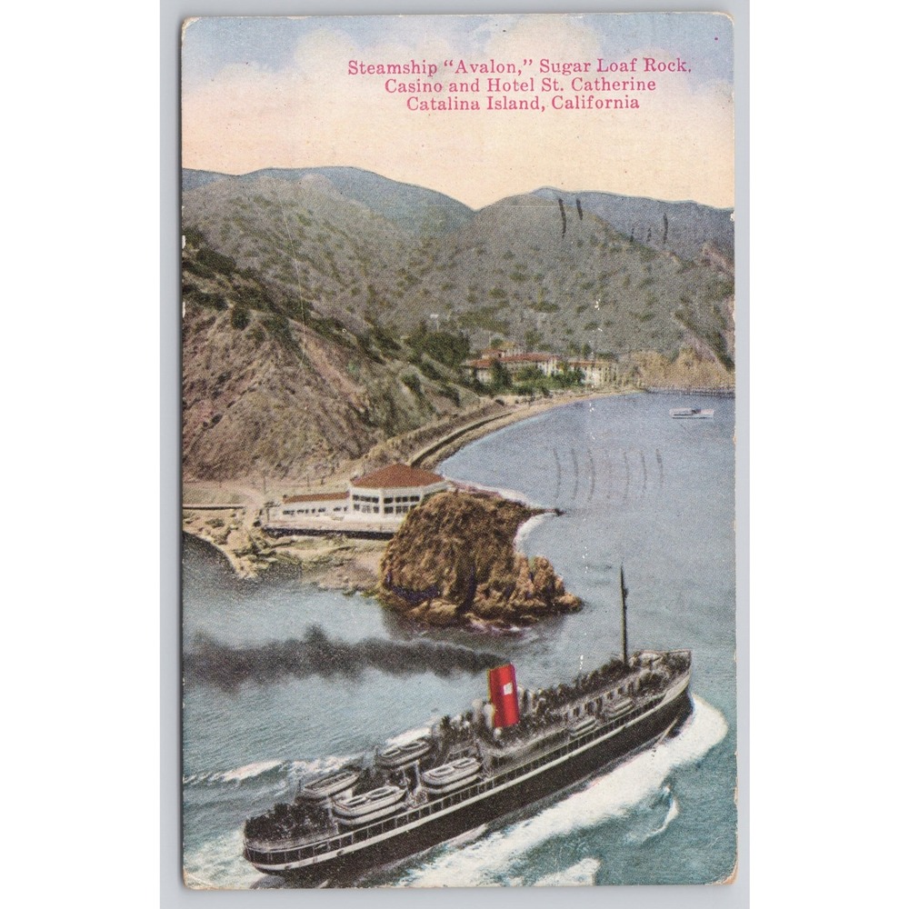 Vintage Steamship Avalon Sugar Loaf Rock Catalina Island California Postcard